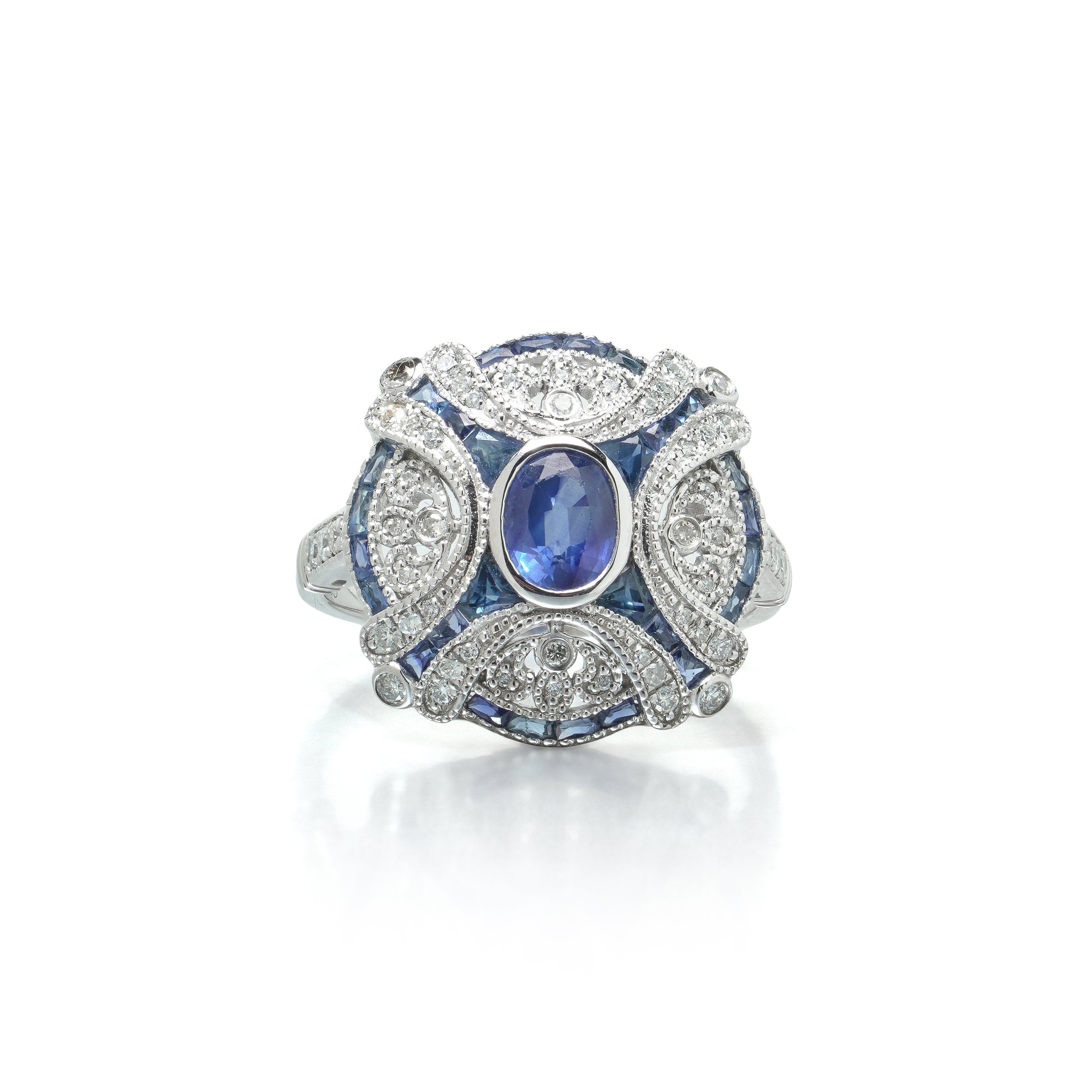 Art Deco Style Platinum Sapphire and Diamond Domed Bombe Ring