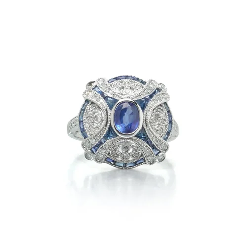 Art Deco Style Platinum Sapphire and Diamond Domed Bombe Ring