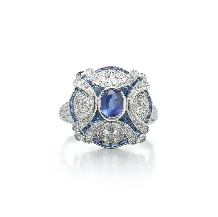 Art Deco Style Platinum Sapphire and Diamond Domed Bombe Ring