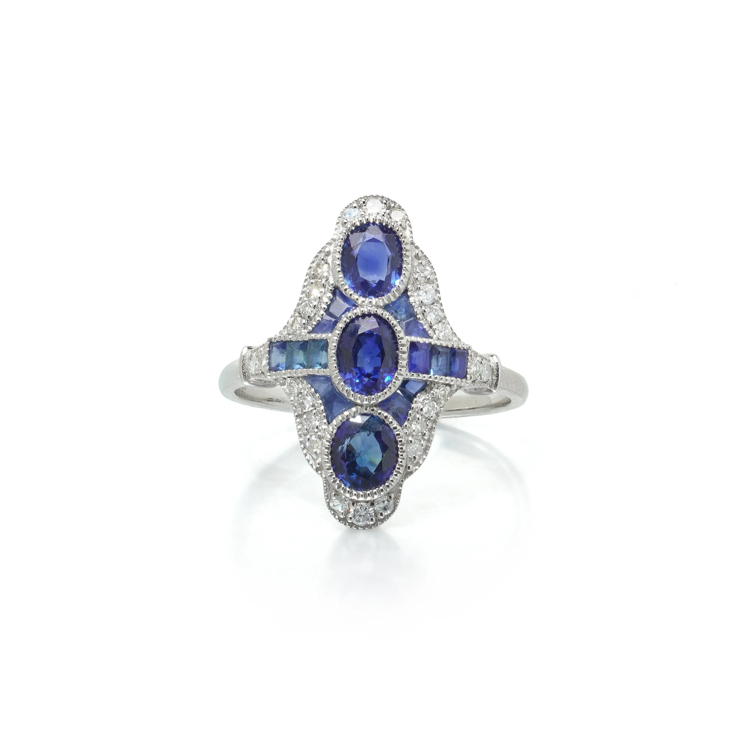 Art Deco Style Platinum Three Stone Sapphire and Diamond Navette Ring
