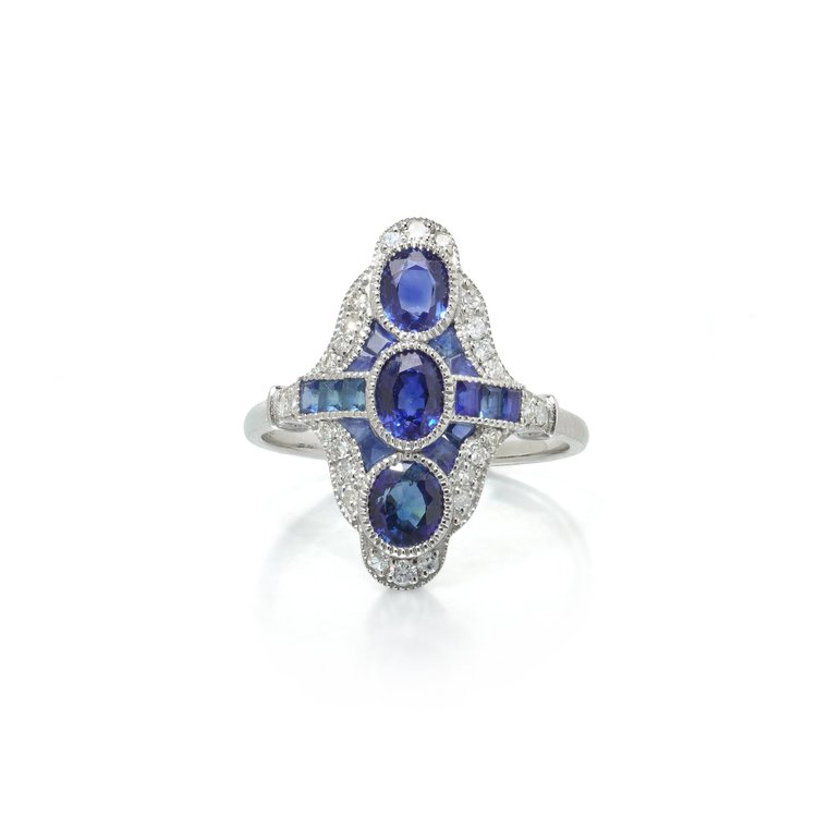 Art Deco Style Platinum Three Stone Sapphire and Diamond Navette Ring