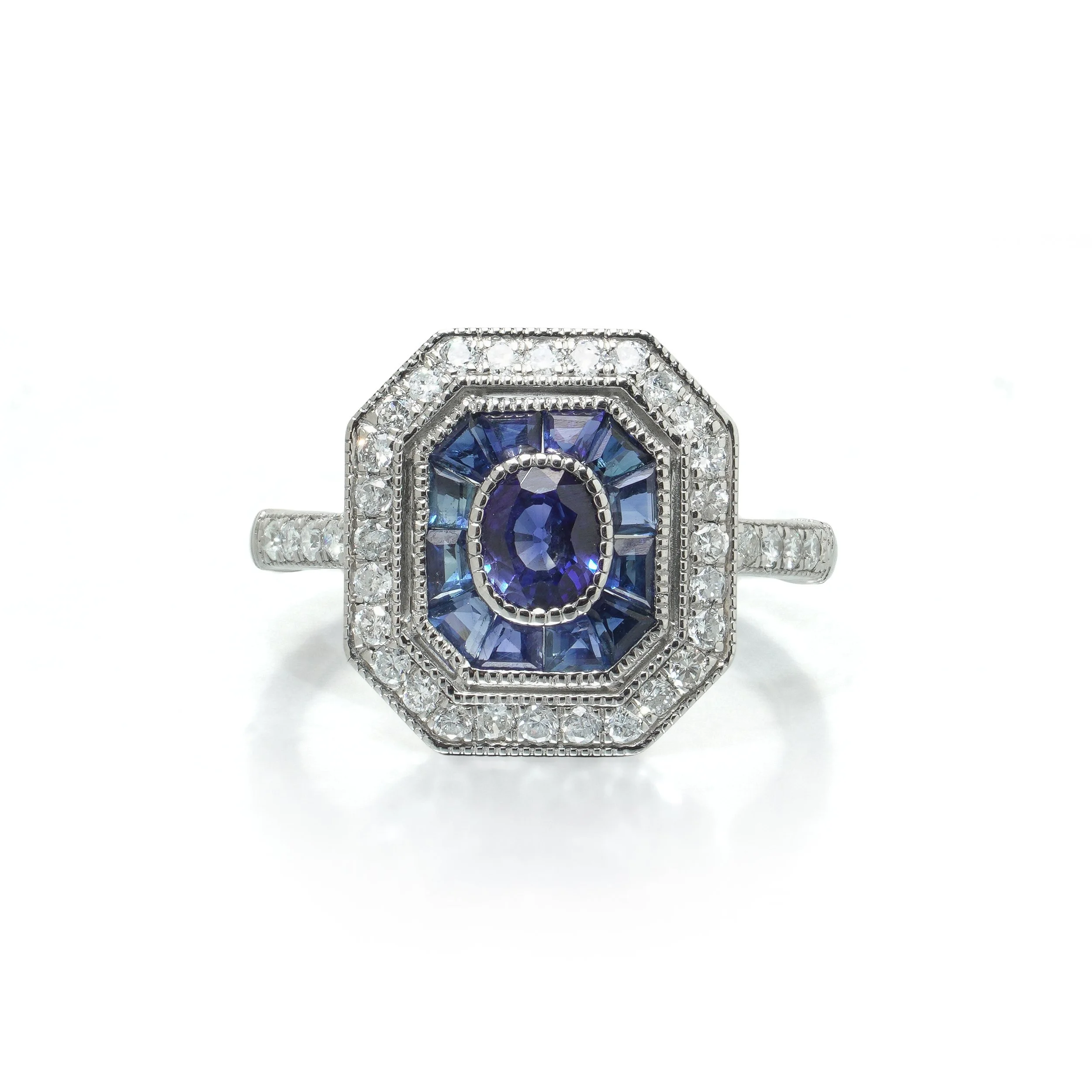 Art Deco Style Platinum Sapphire and Diamond Octagonal Target Ring