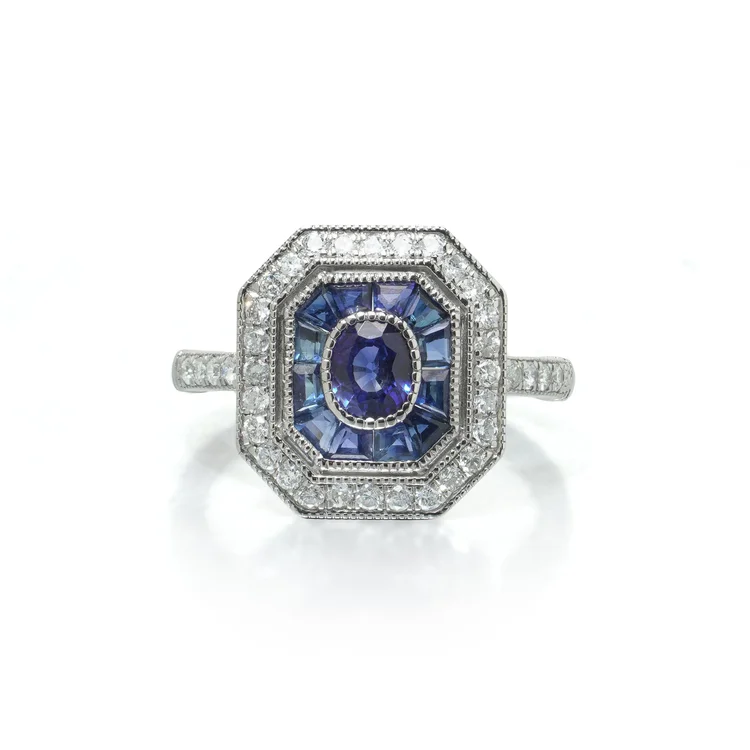 Art Deco Style Platinum Sapphire and Diamond Octagonal Target Ring