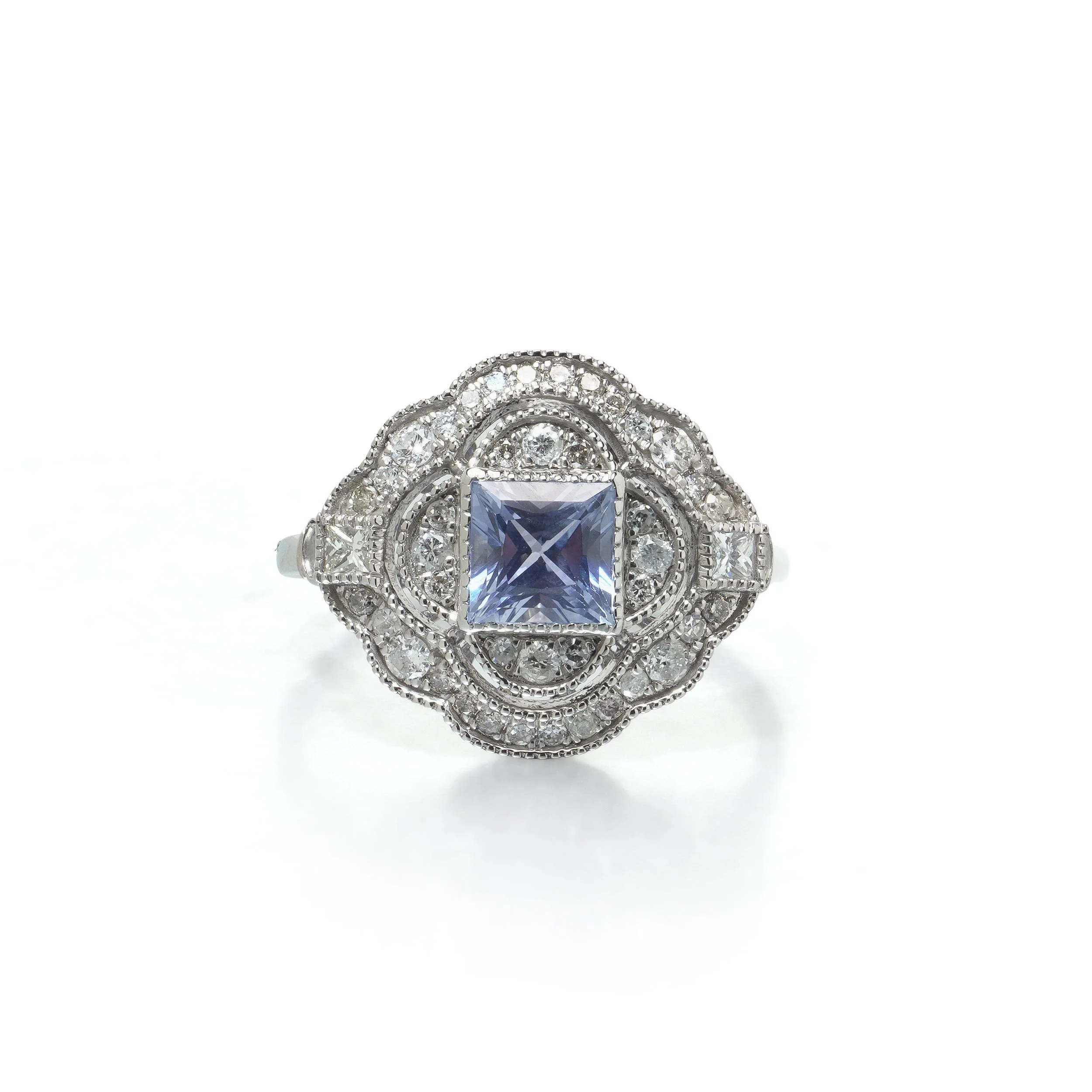 Art Deco Style Platinum Square Cut Sapphire and Diamond Quatrefoil Ring