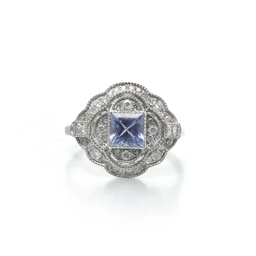Art Deco Style Platinum Square Cut Sapphire and Diamond Quatrefoil Ring