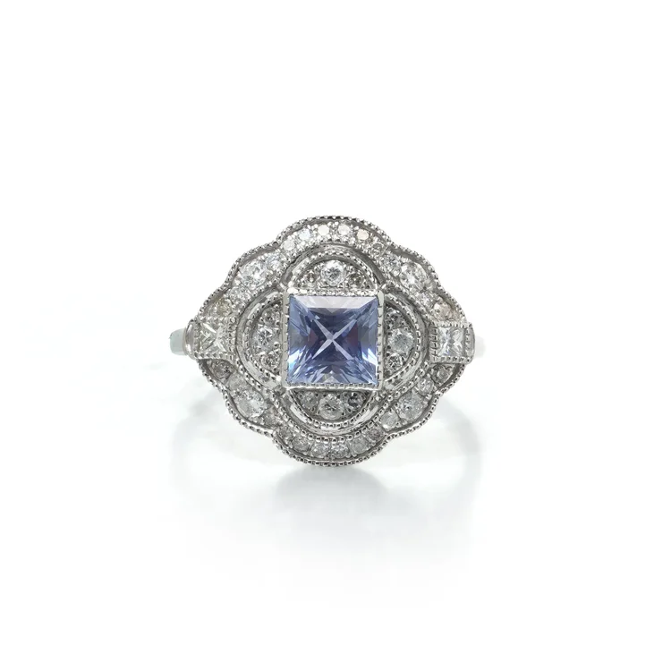 Art Deco Style Platinum Square Cut Sapphire and Diamond Quatrefoil Ring