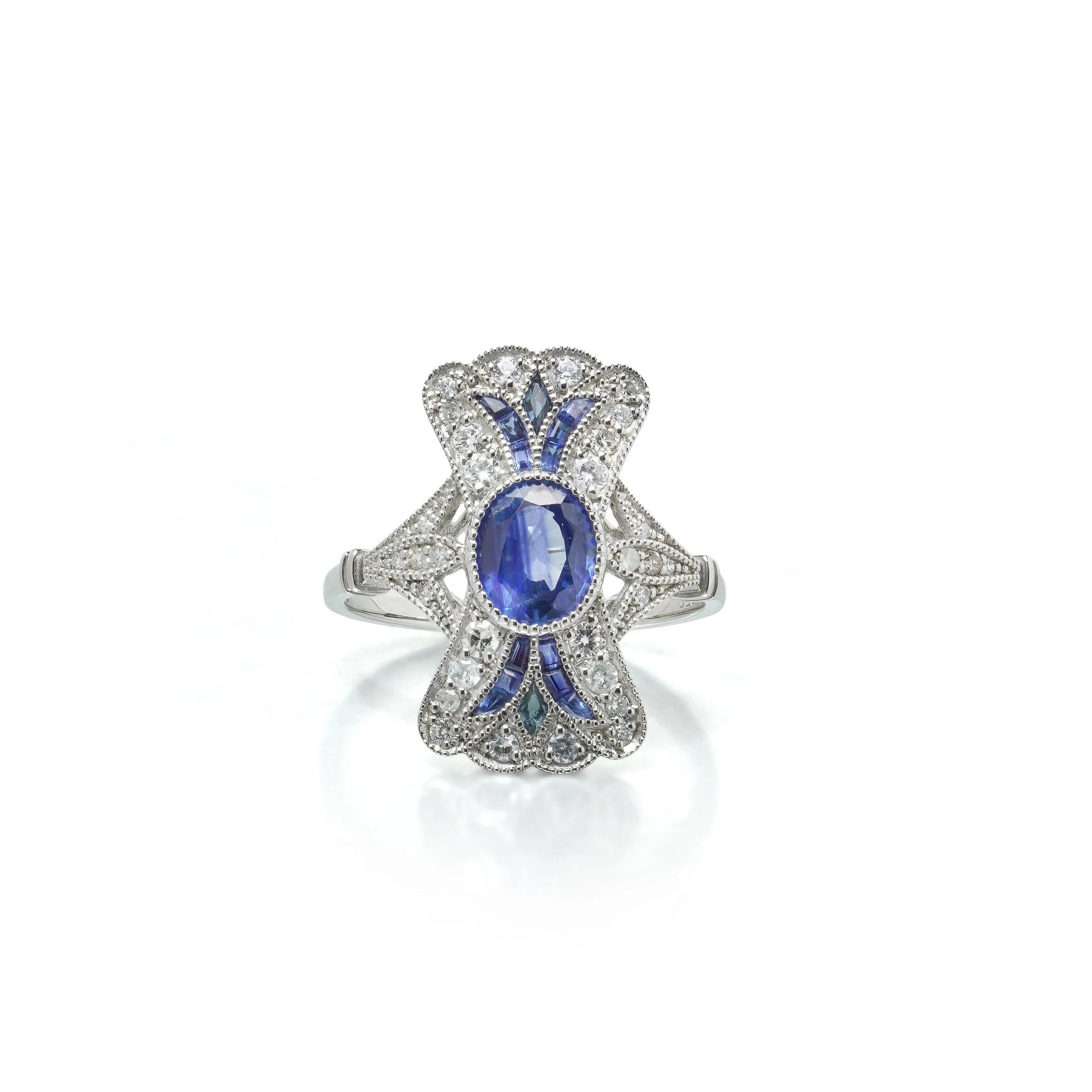 Art Deco Style Platinum 1.11 ct Sapphire and Diamond Bow Plaque Ring