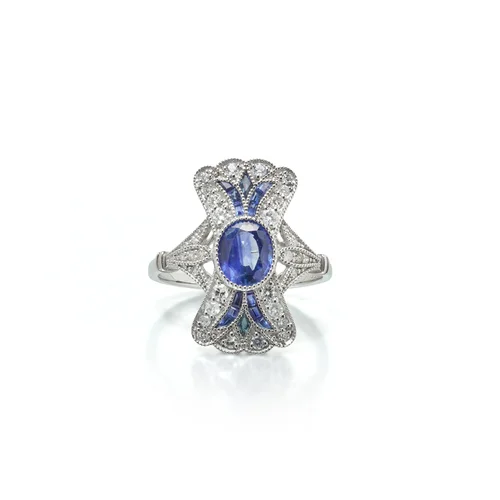 Art Deco Style Platinum 1.11 ct Sapphire and Diamond Bow Plaque Ring