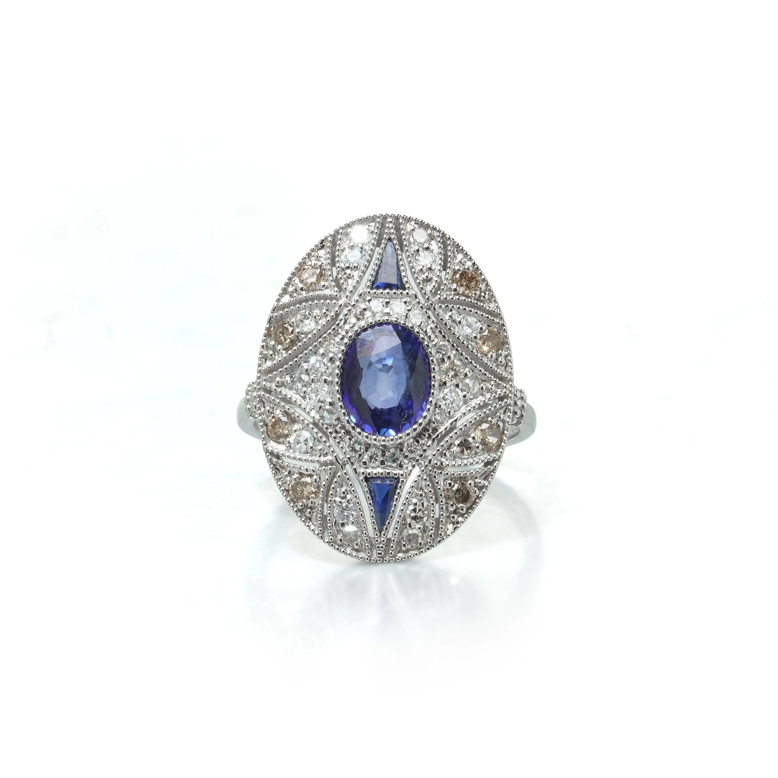 Art Deco Style Platinum Sapphire and Diamond Oval Plaque Ring, Champagne Accents