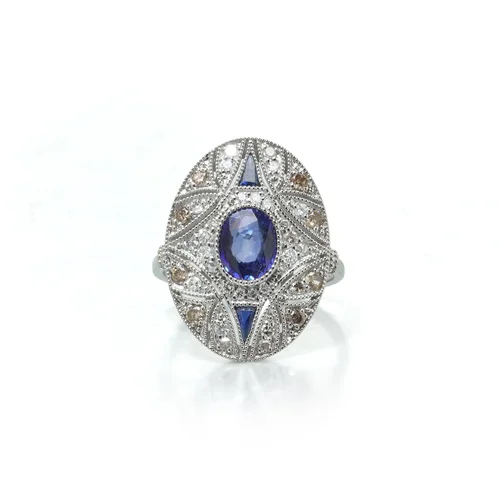 Art Deco Style Platinum Sapphire and Diamond Oval Plaque Ring, Champagne Accents