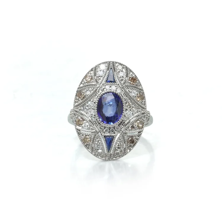 Art Deco Style Platinum Sapphire and Diamond Oval Plaque Ring, Champagne Accents