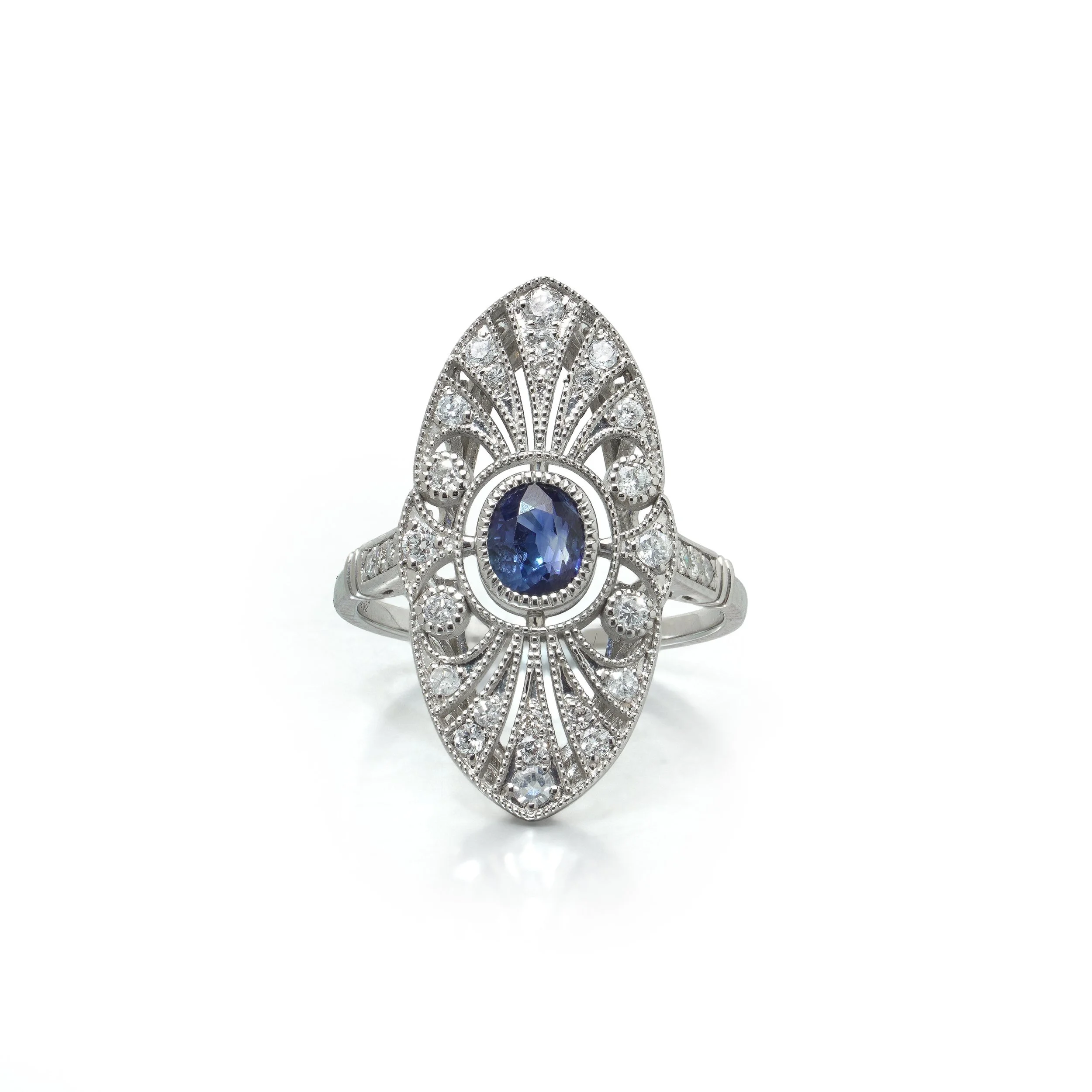 Art Deco Style Platinum Sapphire and Diamond Pierced Navette Ring