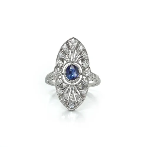 Art Deco Style Platinum Sapphire and Diamond Pierced Navette Ring