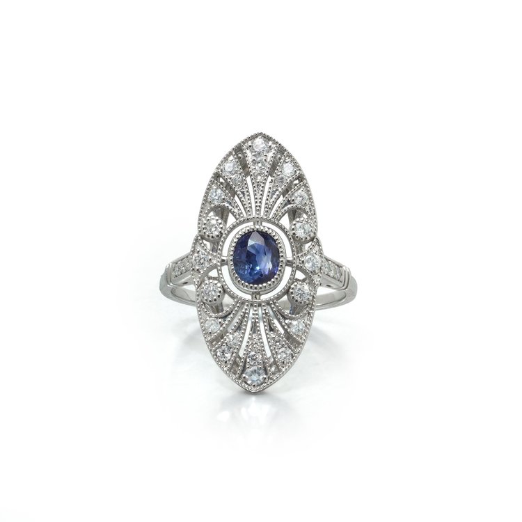 Art Deco Style Platinum Sapphire and Diamond Pierced Navette Ring