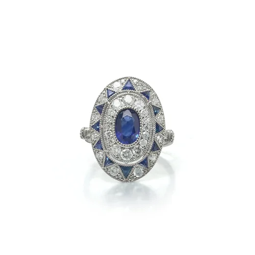 Art Deco Style Platinum 1.13 ct Sapphire and Diamond Oval Plaque Ring