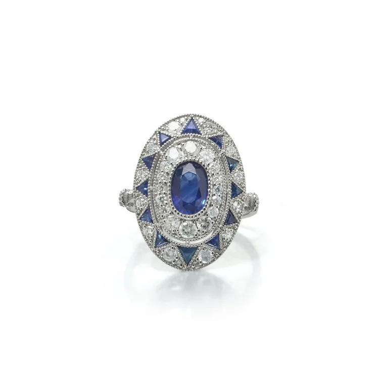 Art Deco Style Platinum 1.13 ct Sapphire and Diamond Oval Plaque Ring