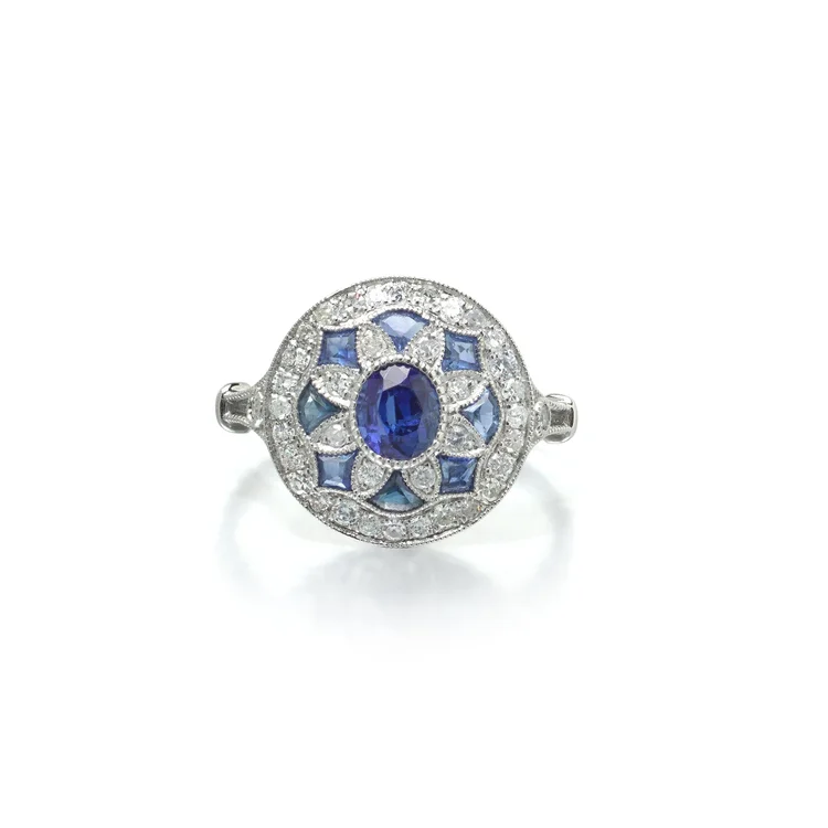 Art Deco Style Platinum Sapphire and Diamond Flowerhead Target Ring
