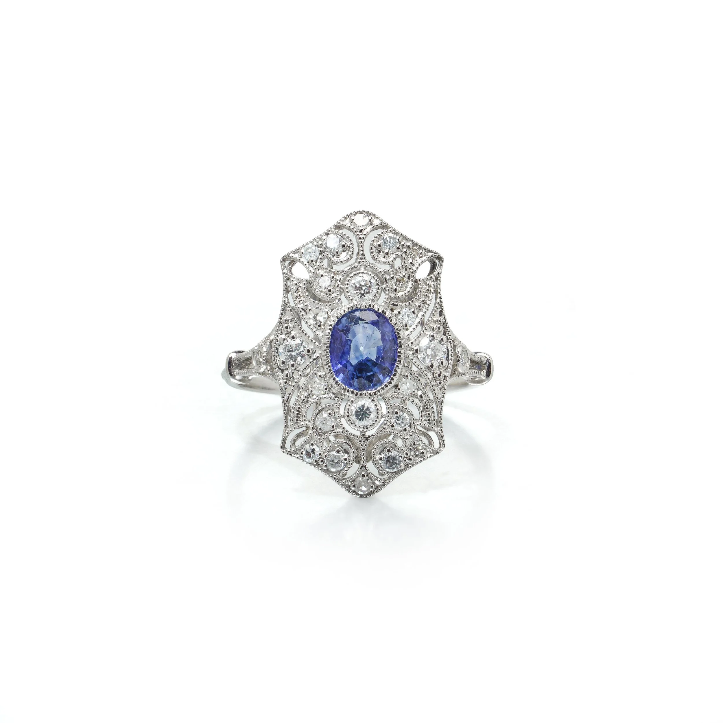 Art Deco Style Platinum Sapphire and Diamond Pierced Shield Ring
