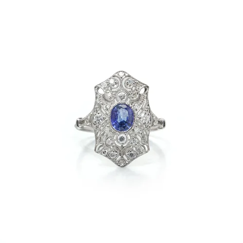 Art Deco Style Platinum Sapphire and Diamond Pierced Shield Ring