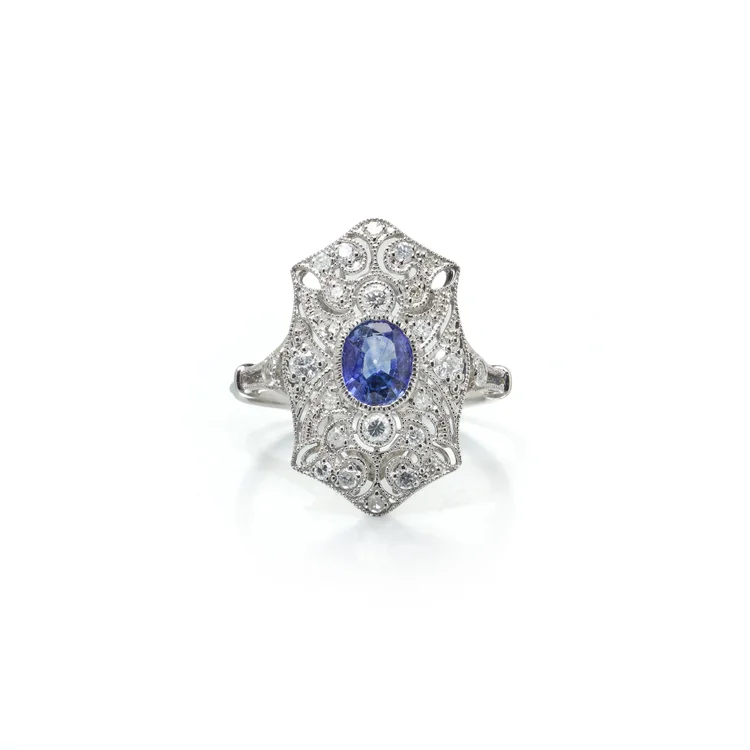 Art Deco Style Platinum Sapphire and Diamond Pierced Shield Ring