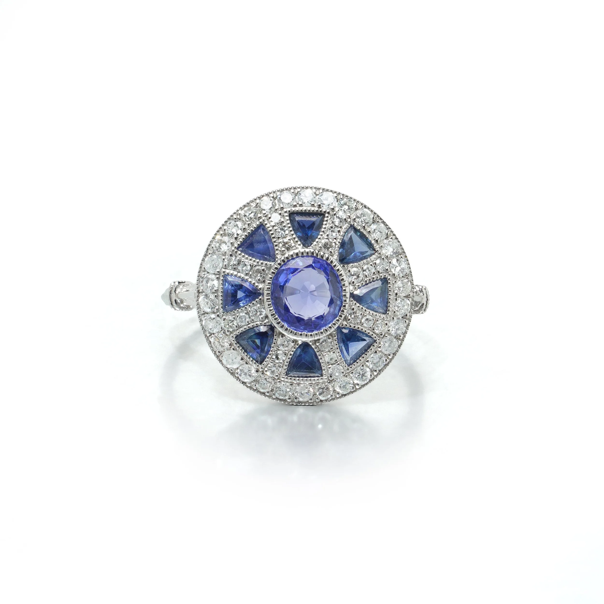 Art Deco Style Platinum Sapphire and Diamond Wheel Target Ring