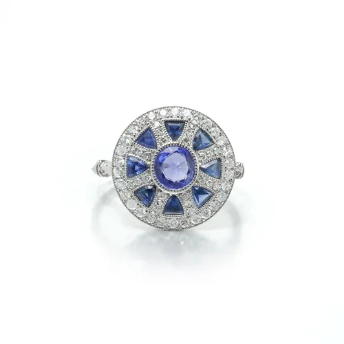 Art Deco Style Platinum Sapphire and Diamond Wheel Target Ring