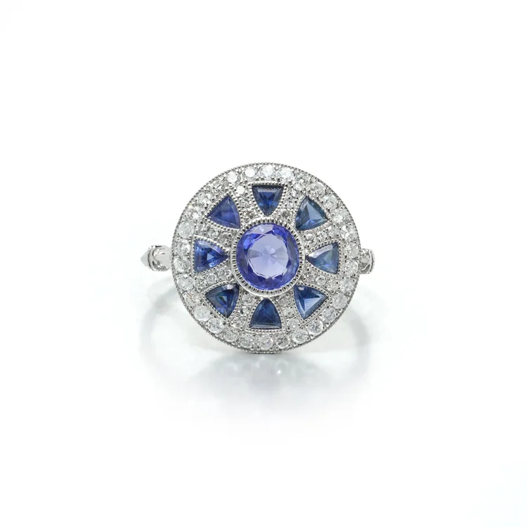 Art Deco Style Platinum Sapphire and Diamond Wheel Target Ring