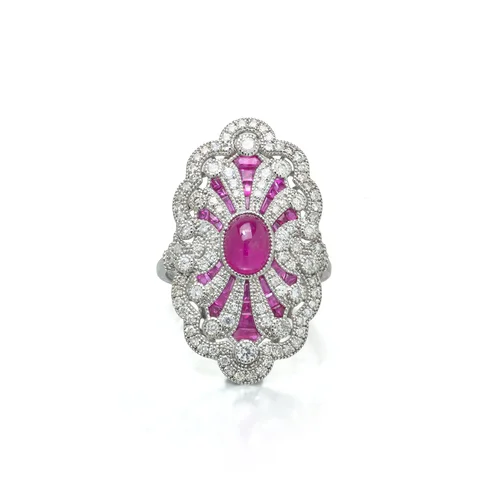 Art Deco Style Platinum 1.51 ct Burmese Ruby and Diamond Plaque Ring
