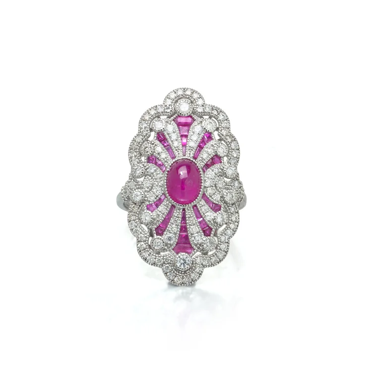 Art Deco Style Platinum 1.51 ct Burmese Ruby and Diamond Plaque Ring
