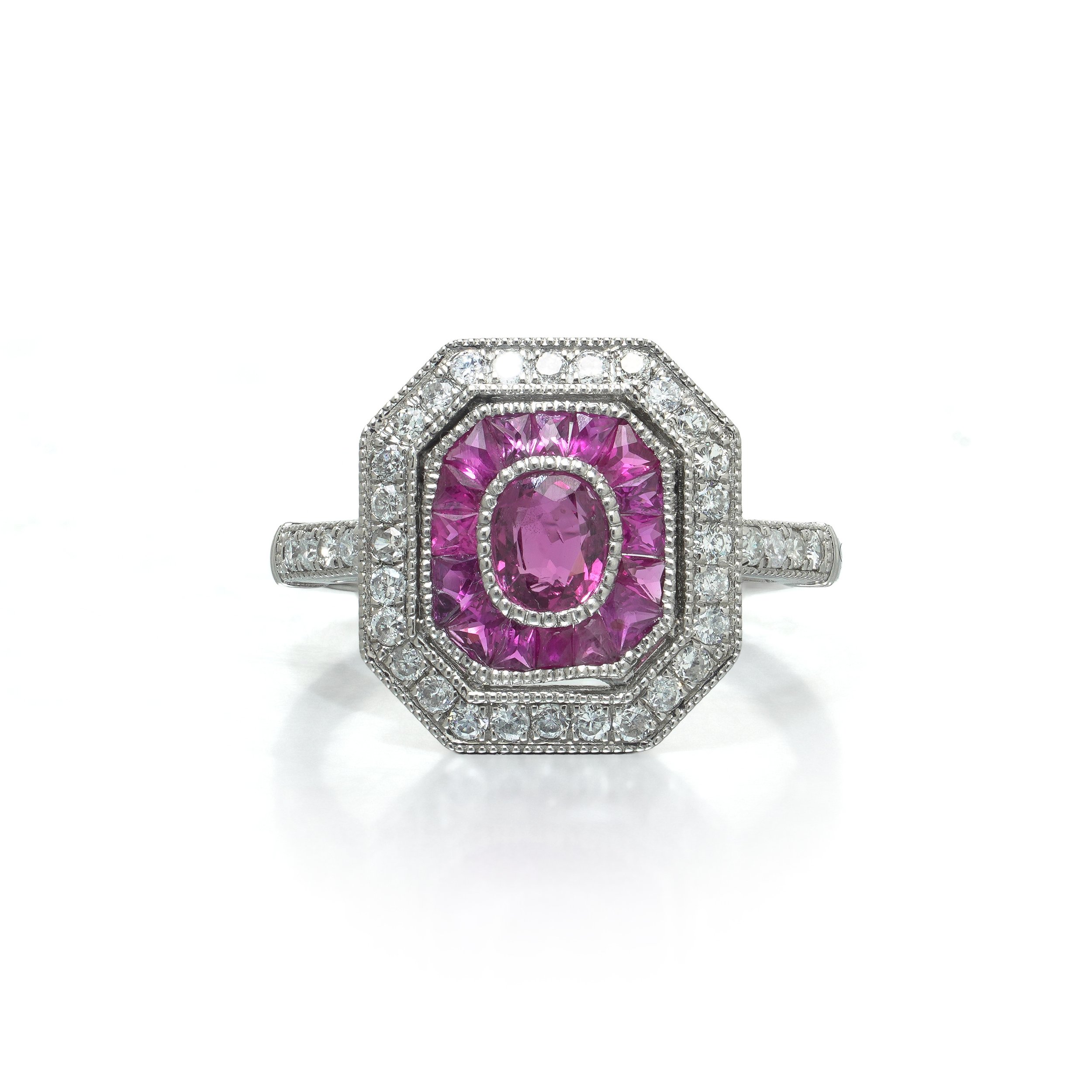 Art Deco Style Platinum Burmese Ruby and Diamond Octagonal Target Ring