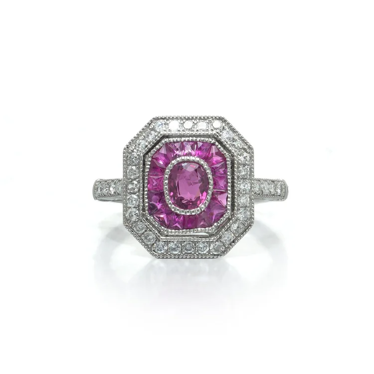 Art Deco Style Platinum Burmese Ruby and Diamond Octagonal Target Ring