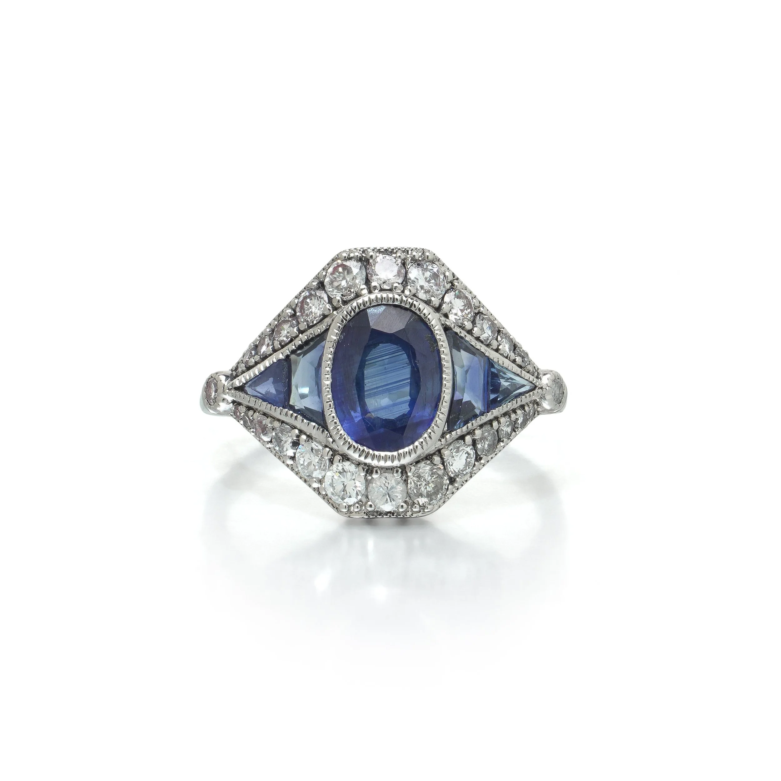 Art Deco Style Platinum 1.45 ct Sapphire and Diamond Navette Ring
