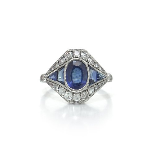 Art Deco Style Platinum 1.45 ct Sapphire and Diamond Navette Ring