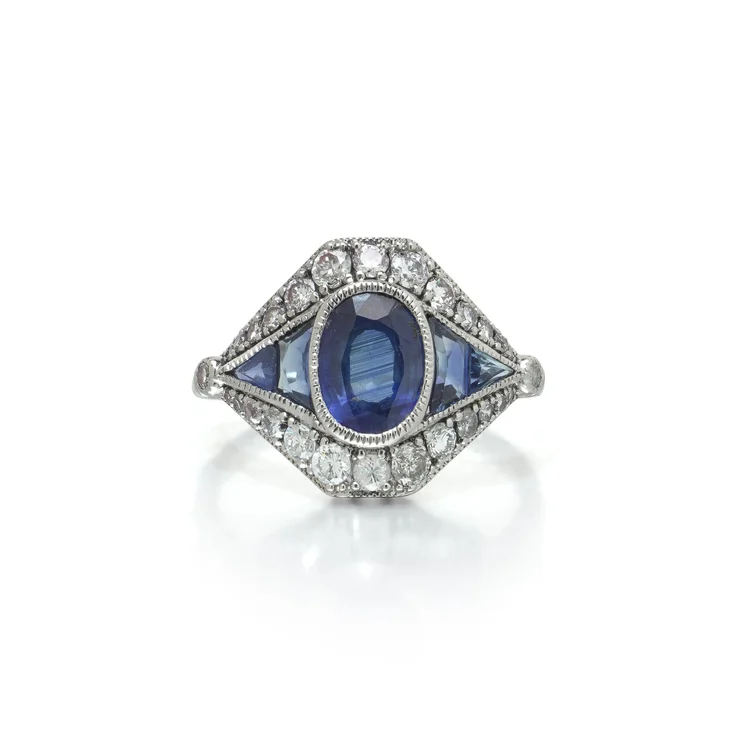 Art Deco Style Platinum 1.45 ct Sapphire and Diamond Navette Ring