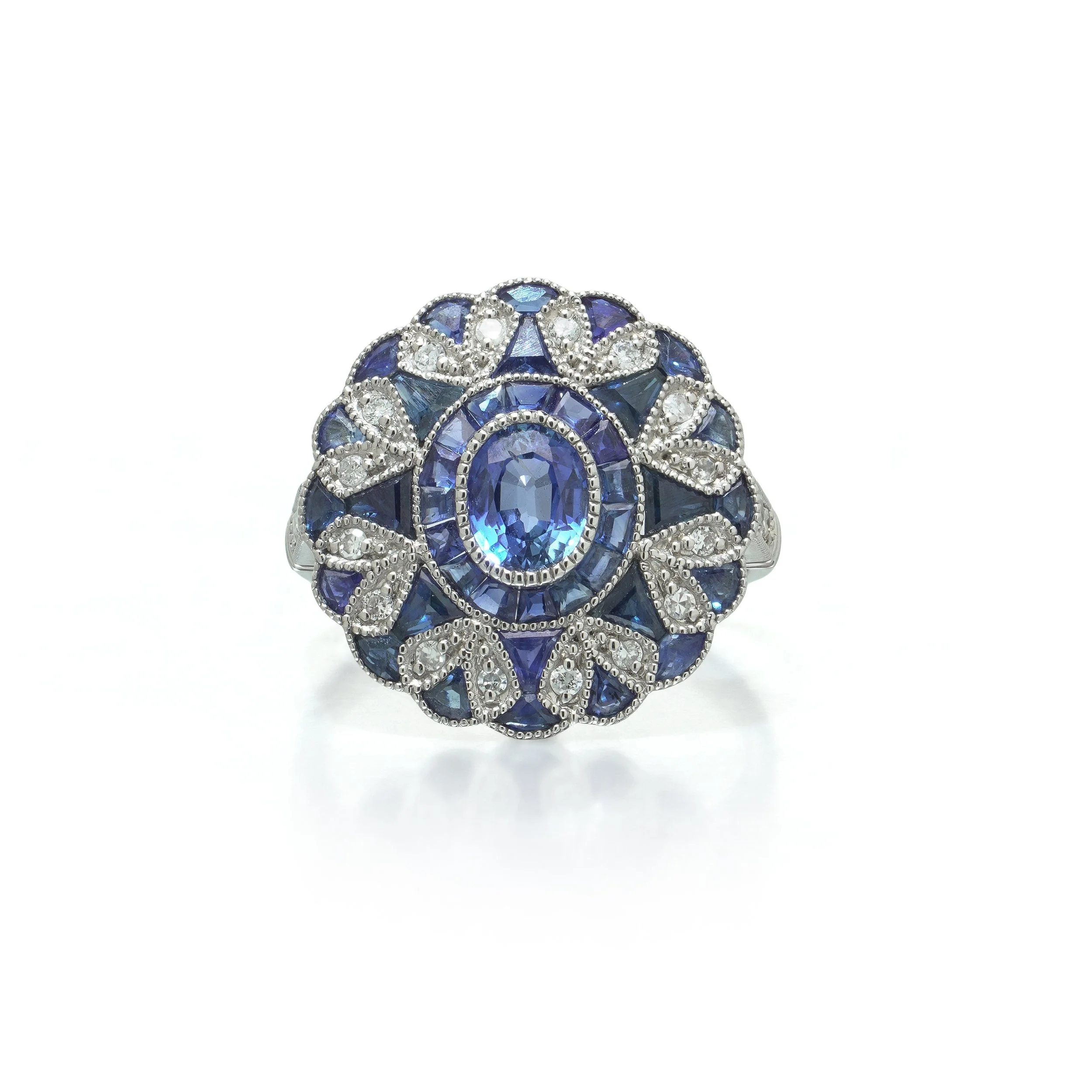 Art Deco Style Platinum Sapphire and Diamond Scalloped Cluster Ring