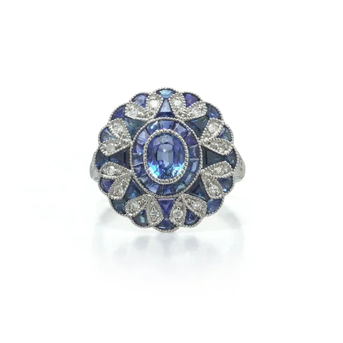 Art Deco Style Platinum Sapphire and Diamond Scalloped Cluster Ring