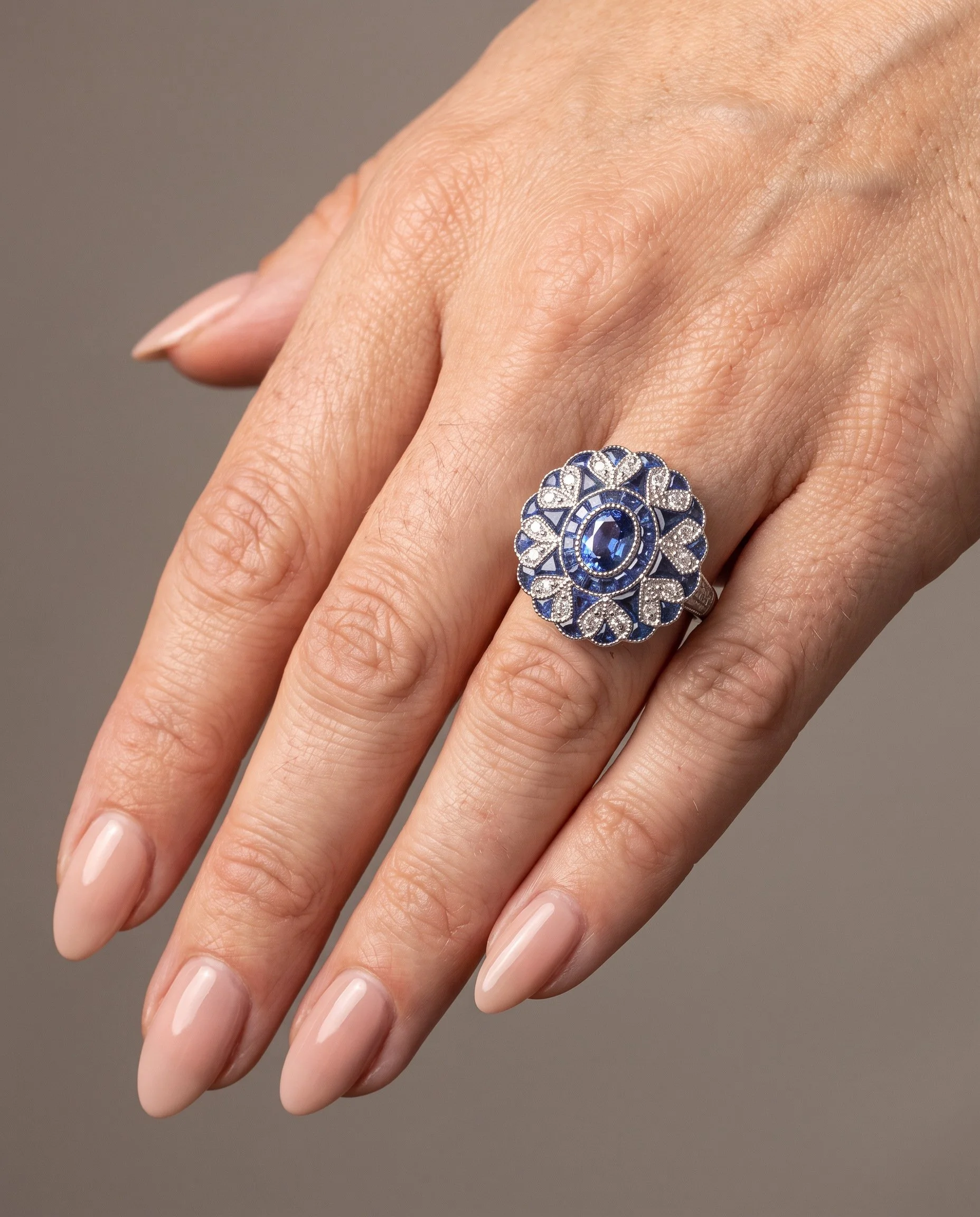 art-deco-style-platinum-sapphire-and-diamond-scalloped-cluster-ring-worn1-Mozeris-Fine-Antiques.jpg