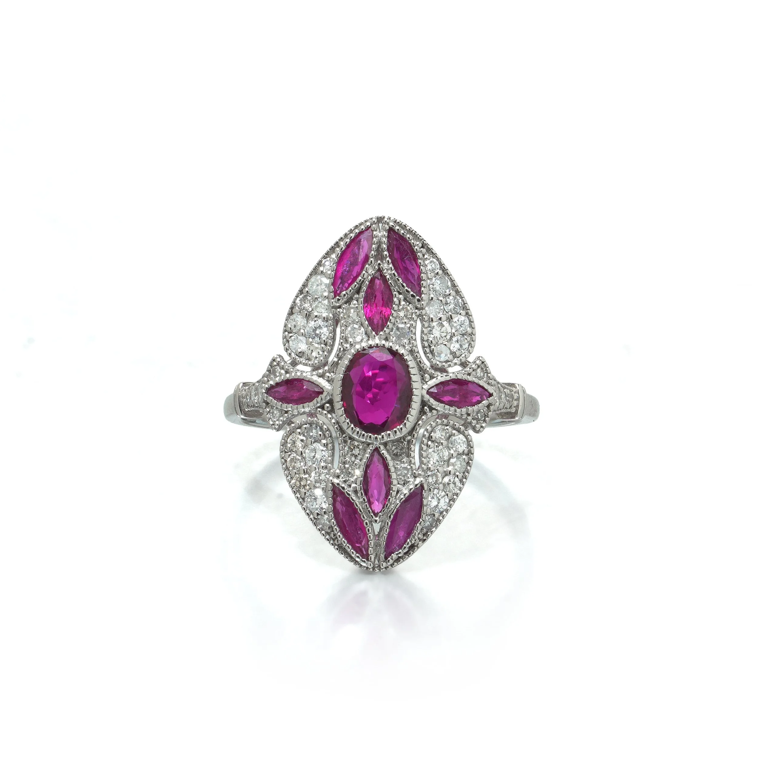 Art Deco Style Platinum Mozambique Ruby and Diamond Navette Ring