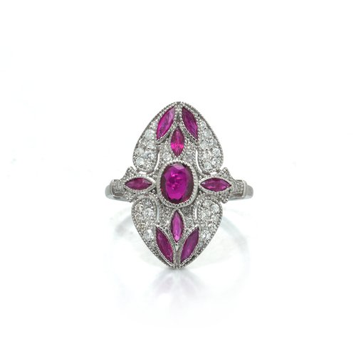 Art Deco Style Platinum Mozambique Ruby and Diamond Navette Ring