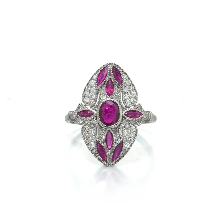 Art Deco Style Platinum Mozambique Ruby and Diamond Navette Ring