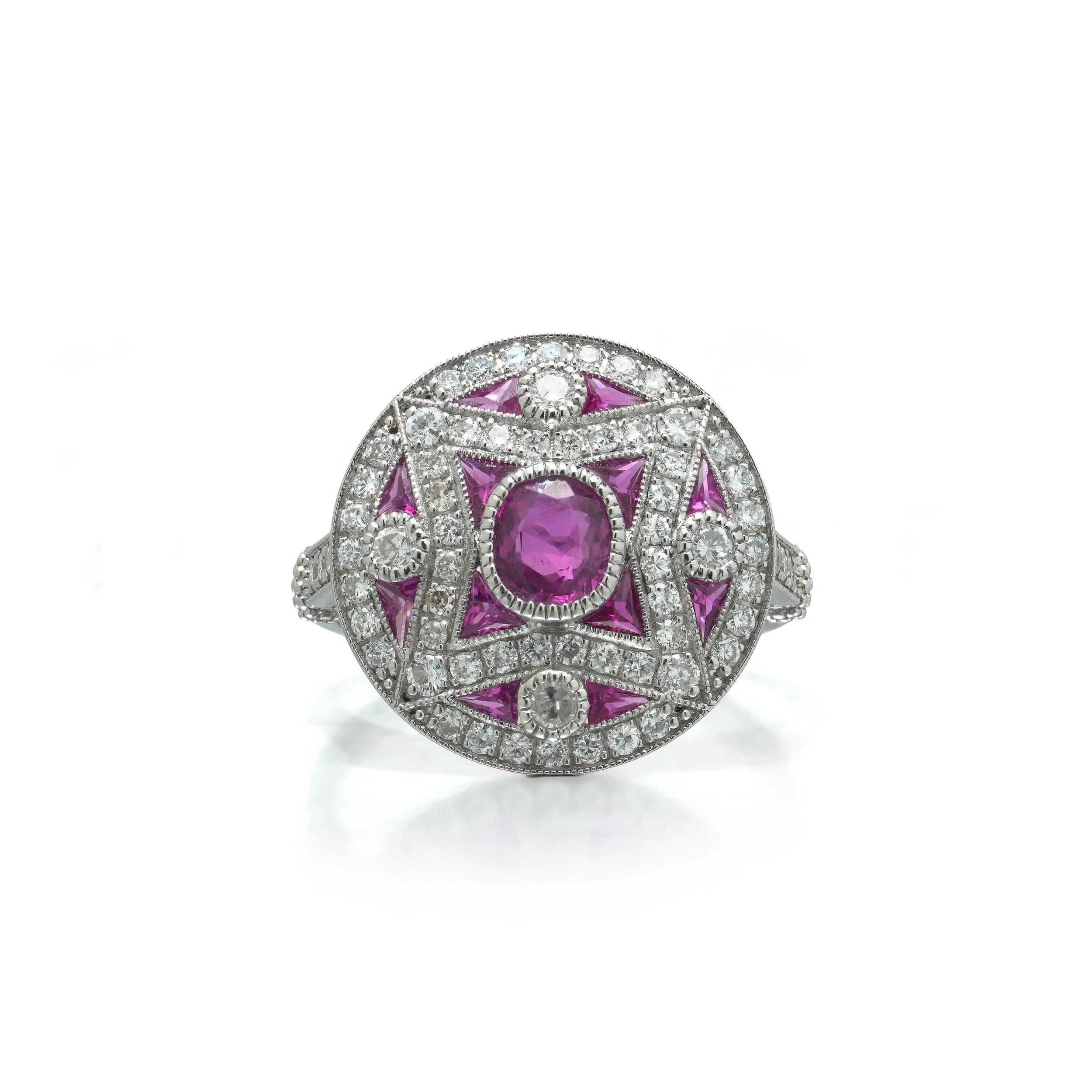 Art Deco Style Platinum Mozambique Ruby and Diamond Star Target Ring