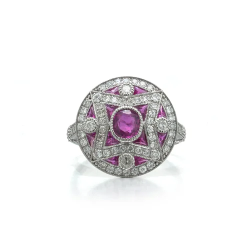 Art Deco Style Platinum Mozambique Ruby and Diamond Star Target Ring