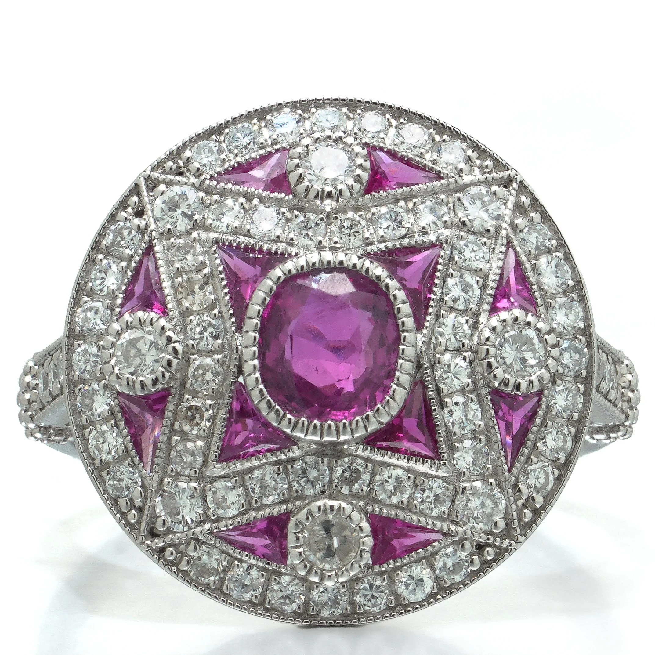 art-deco-style-platinum-mozambique-ruby-and-diamond-star-target-ring-05-head-Mozeris-Fine-Antiques.jpg