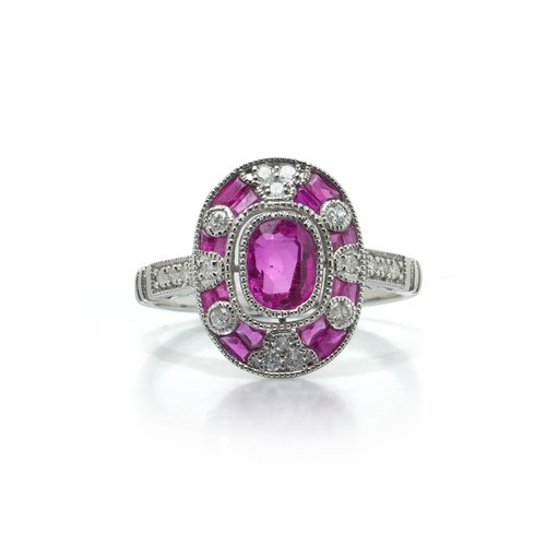 Art Deco Style Platinum 0.81 ct Mozambique Ruby and Diamond Cluster Ring