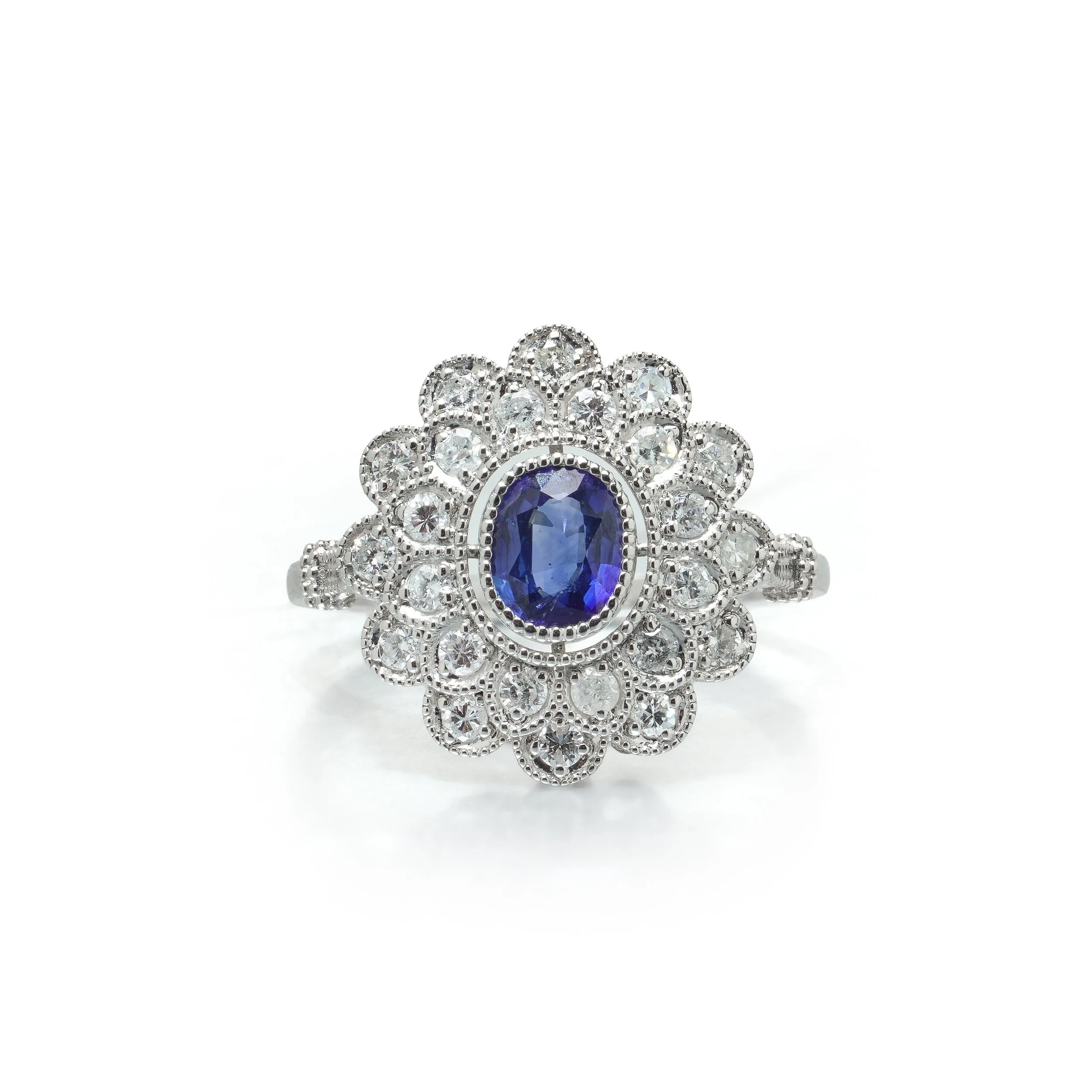 Art Deco Style Platinum Ceylon Sapphire and Diamond Flowerhead Cluster Ring