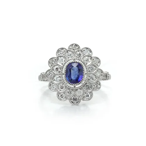 Art Deco Style Platinum Ceylon Sapphire and Diamond Flowerhead Cluster Ring