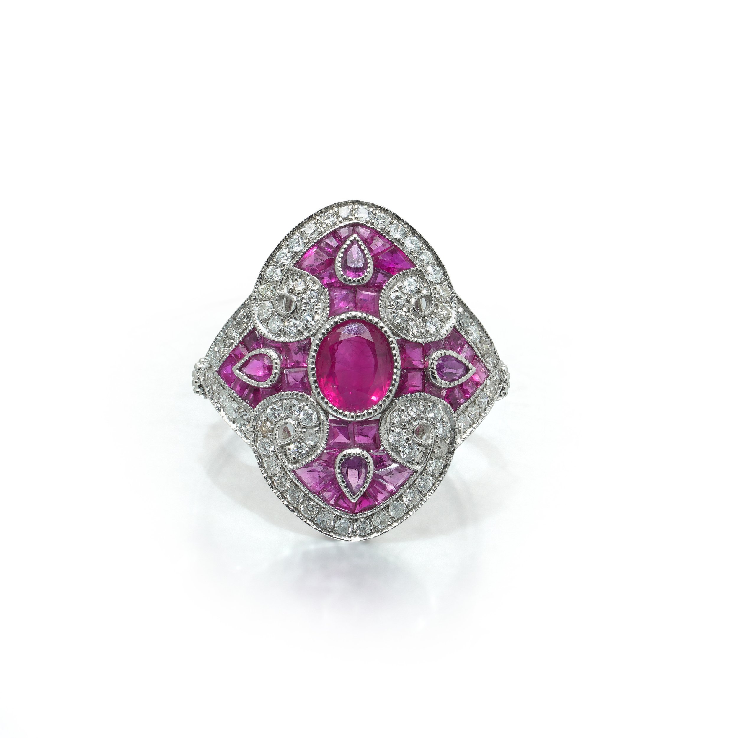 Art Deco Style Platinum 0.90 ct Mozambique Ruby and Diamond Quatrefoil Ring