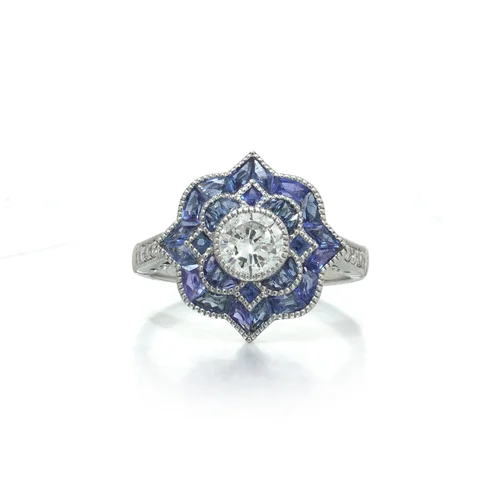 Art Deco Style Platinum Diamond and Calibre Sapphire Star Cluster Ring