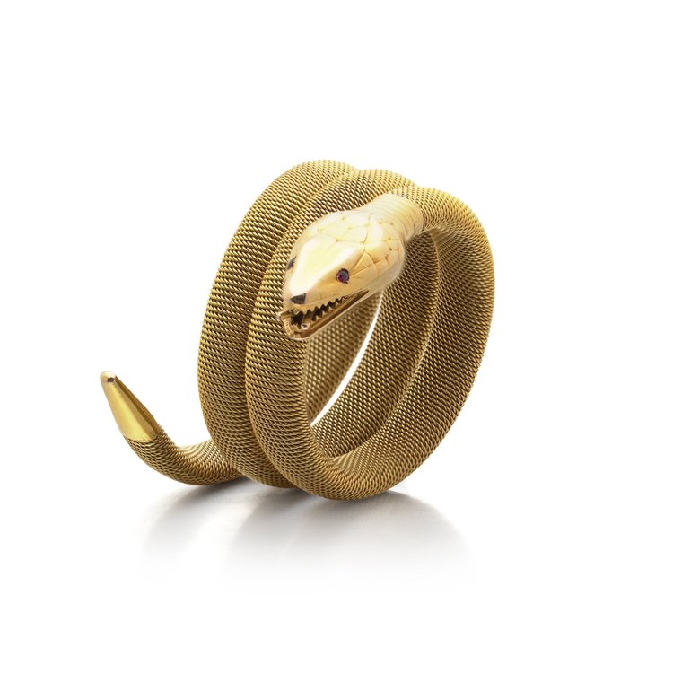 Antique 18KT Gold Serpent Coil Bracelet with Ruby Eyes