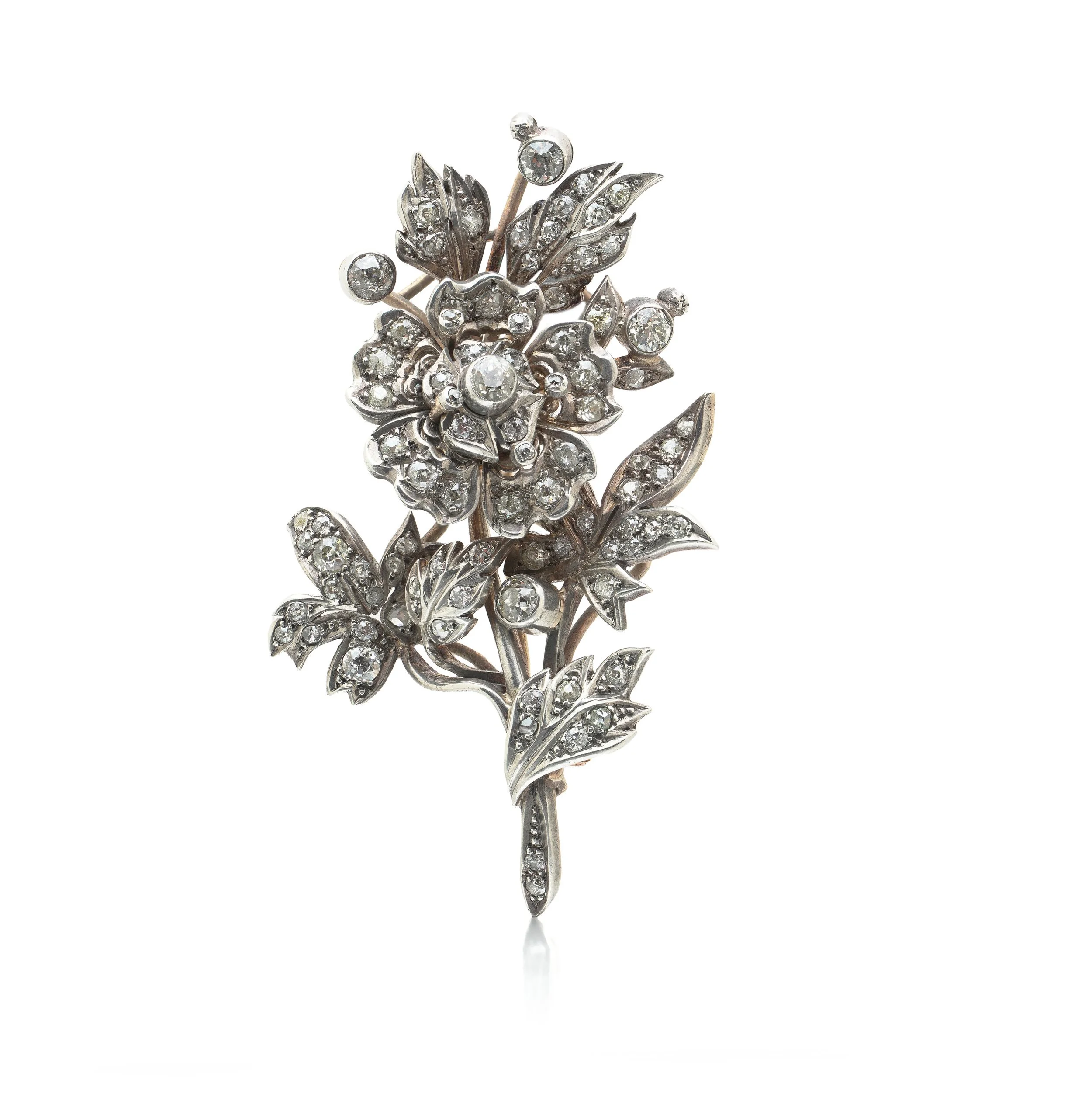 Victorian Diamond En Tremblant Flower Spray Brooch, Silver on 9KT Gold, 3ct